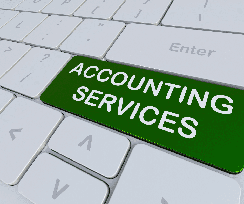 A computer keyboard featuring a bright green key clearly labeled 'ACCOUNTING SERVICES', emphasizing digital financial management and business support.