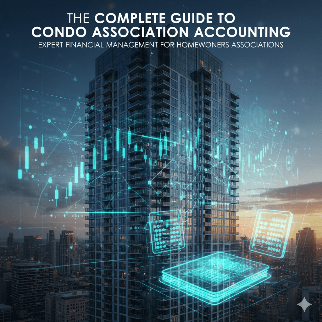 Skyscraper with financial charts and accounting tools, guiding condo association accounting and financial management for homeowners.