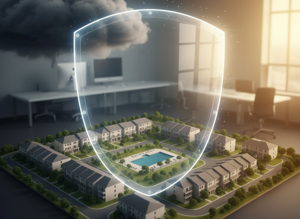 Shield protects miniature residential community with homes and a pool from a storm, symbolizing real estate property protection and risk management.