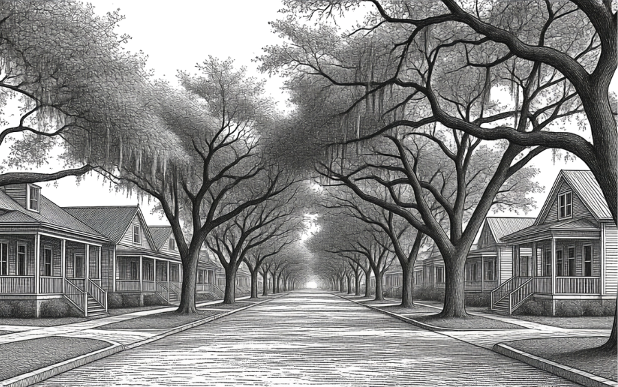 Etching of downtown neighborhood in Ocean Springs