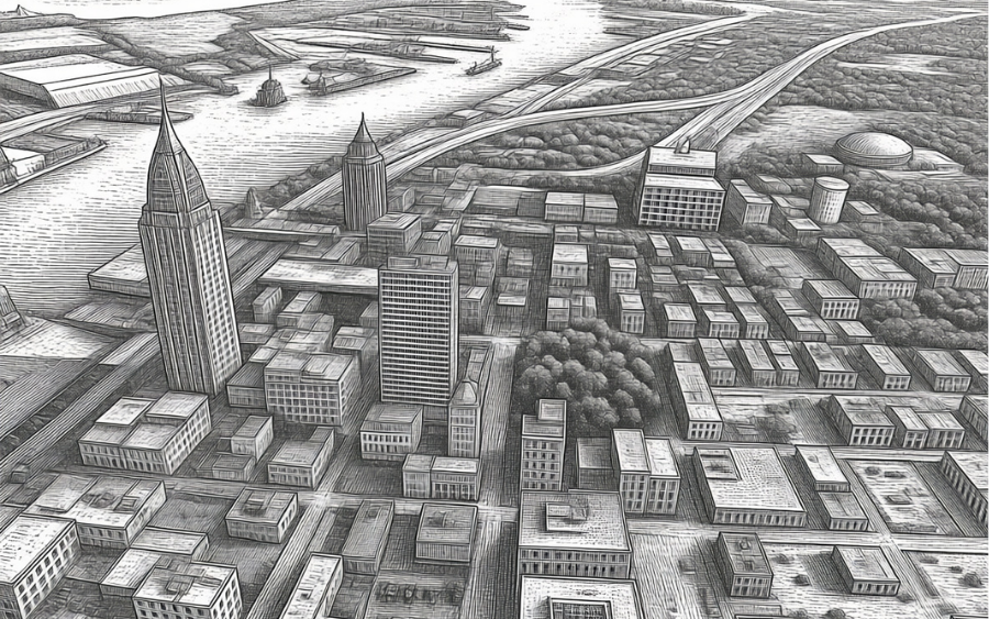 Etching of downtown Mobile Alabama